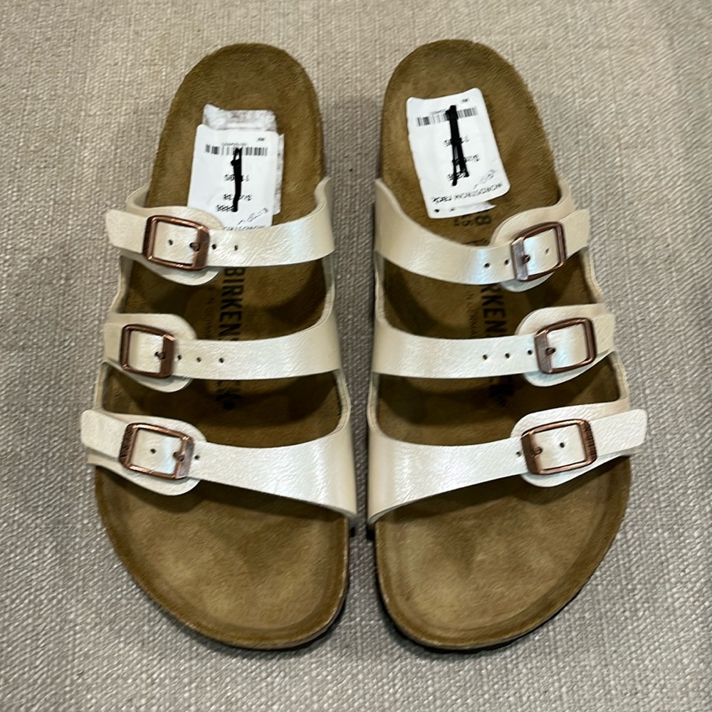 Birkenstock Women's Three-Strap Sandals in Pearl Cream with Rose-Gold Buckles